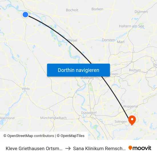 Kleve Griethausen Ortsmitte to Sana Klinikum Remscheid map