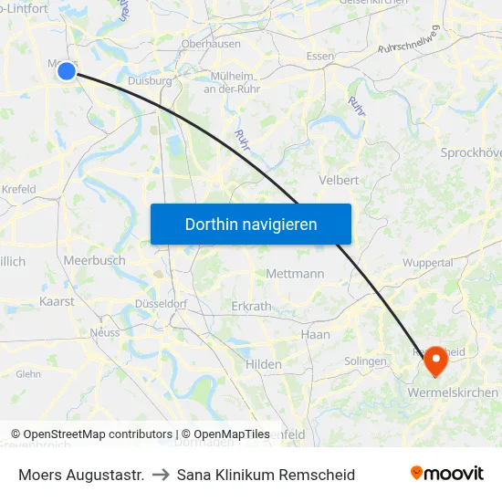 Moers Augustastr. to Sana Klinikum Remscheid map