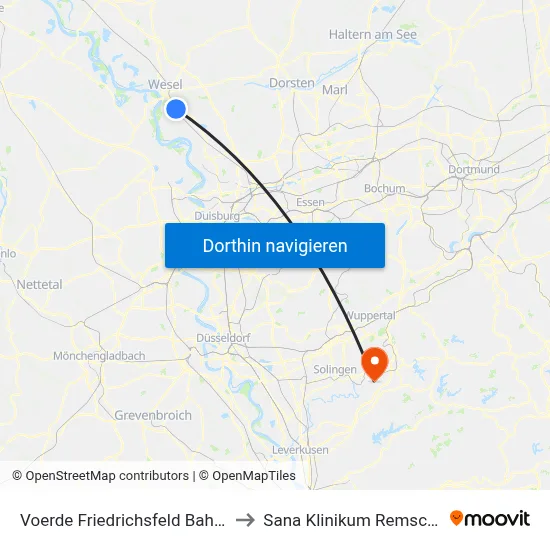 Voerde Friedrichsfeld Bahnhof to Sana Klinikum Remscheid map