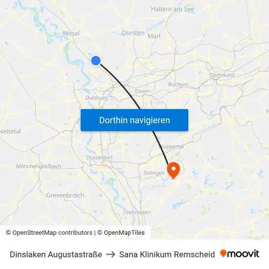 Dinslaken Augustastraße to Sana Klinikum Remscheid map
