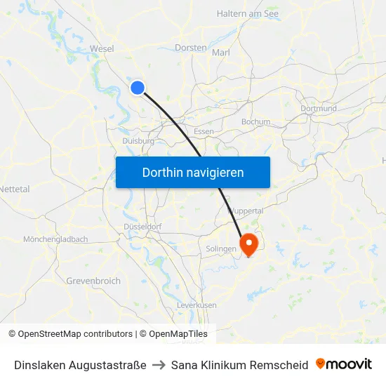 Dinslaken Augustastraße to Sana Klinikum Remscheid map