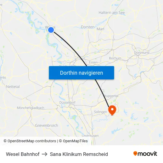 Wesel Bahnhof to Sana Klinikum Remscheid map