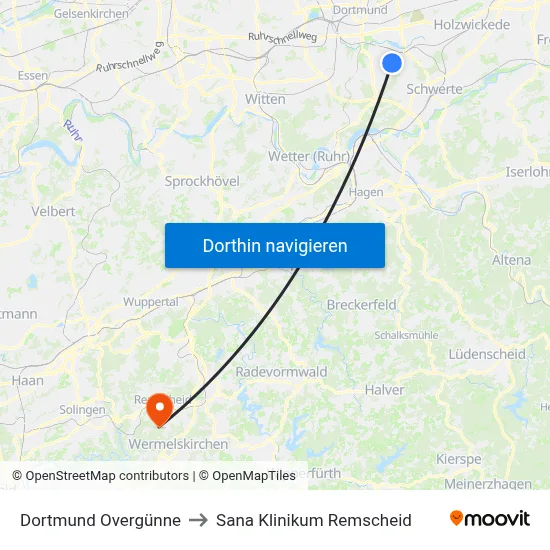 Dortmund Overgünne to Sana Klinikum Remscheid map