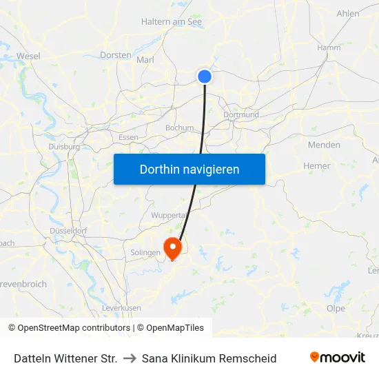 Datteln Wittener Str. to Sana Klinikum Remscheid map