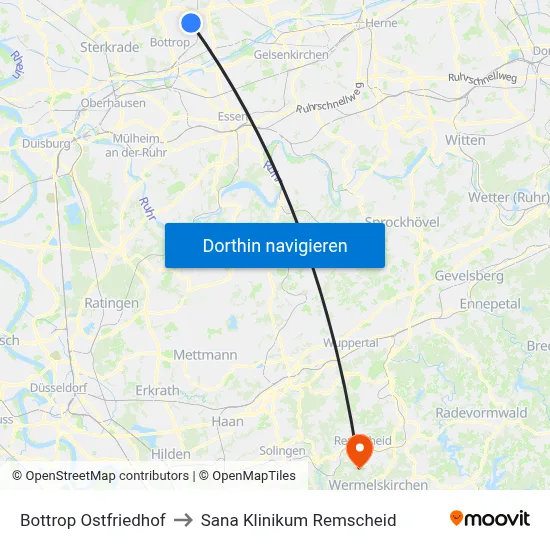 Bottrop Ostfriedhof to Sana Klinikum Remscheid map