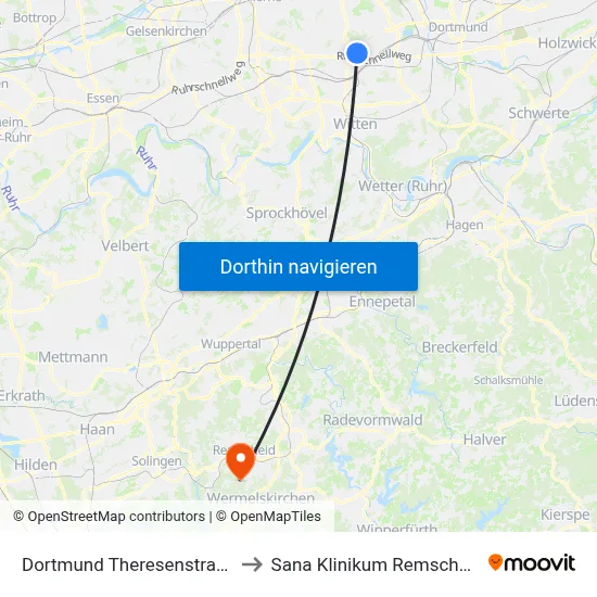 Dortmund Theresenstraße to Sana Klinikum Remscheid map