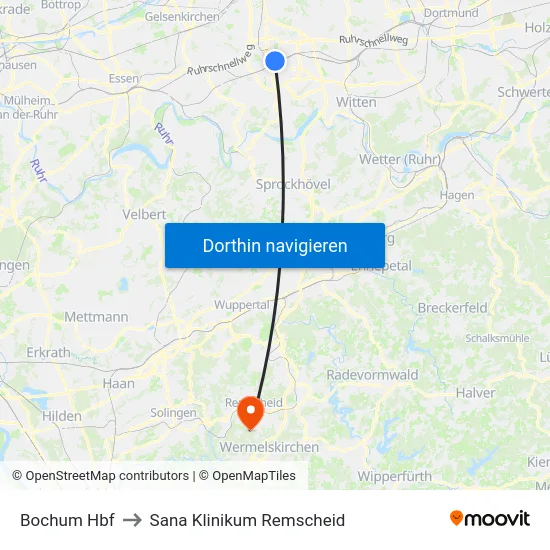 Bochum Hbf to Sana Klinikum Remscheid map
