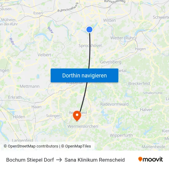 Bochum Stiepel Dorf to Sana Klinikum Remscheid map
