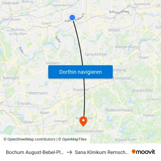 Bochum August-Bebel-Platz to Sana Klinikum Remscheid map