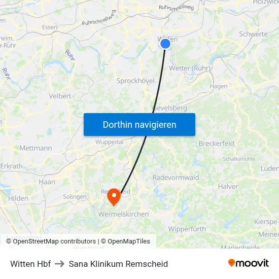 Witten Hbf to Sana Klinikum Remscheid map