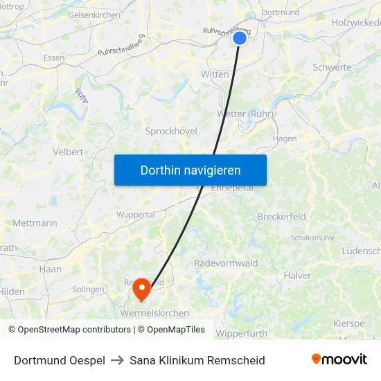 Dortmund Oespel to Sana Klinikum Remscheid map