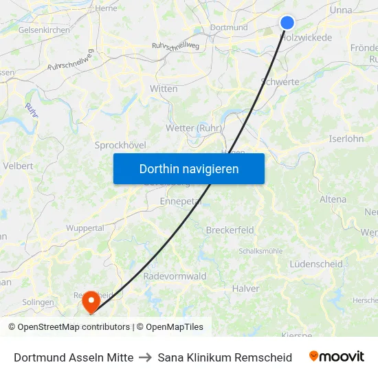 Dortmund Asseln Mitte to Sana Klinikum Remscheid map