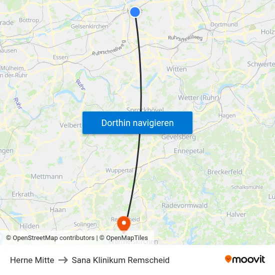 Herne Mitte to Sana Klinikum Remscheid map
