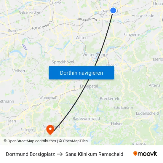 Dortmund Borsigplatz to Sana Klinikum Remscheid map