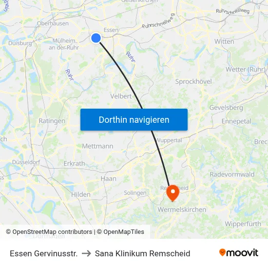 Essen Gervinusstr. to Sana Klinikum Remscheid map