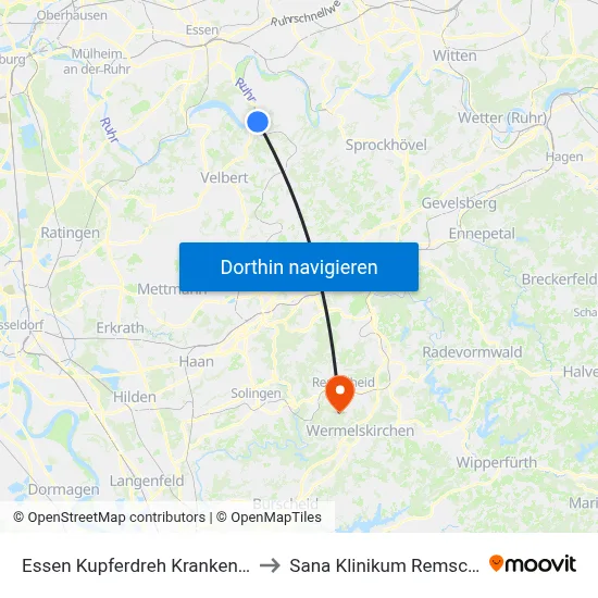 Essen Kupferdreh Krankenhaus to Sana Klinikum Remscheid map