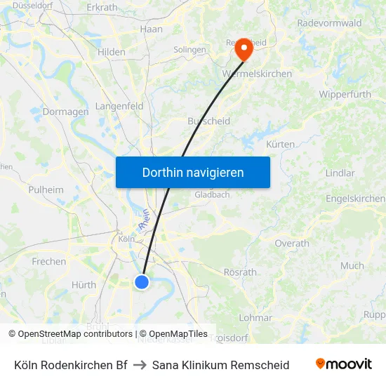 Köln Rodenkirchen Bf to Sana Klinikum Remscheid map