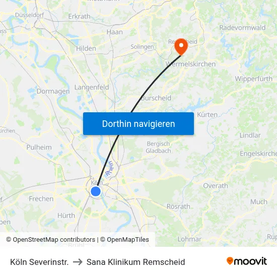 Köln Severinstr. to Sana Klinikum Remscheid map