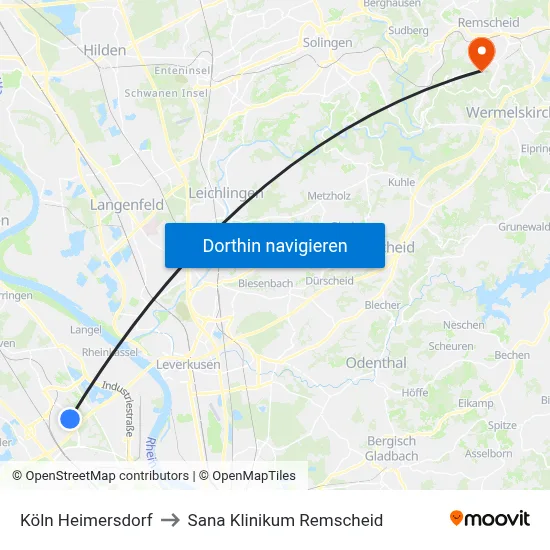 Köln Heimersdorf to Sana Klinikum Remscheid map