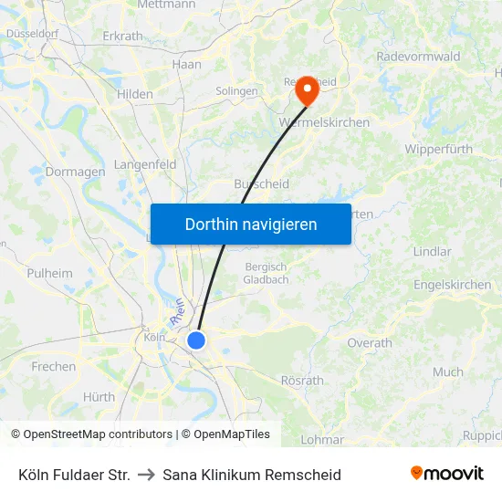 Köln Fuldaer Str. to Sana Klinikum Remscheid map
