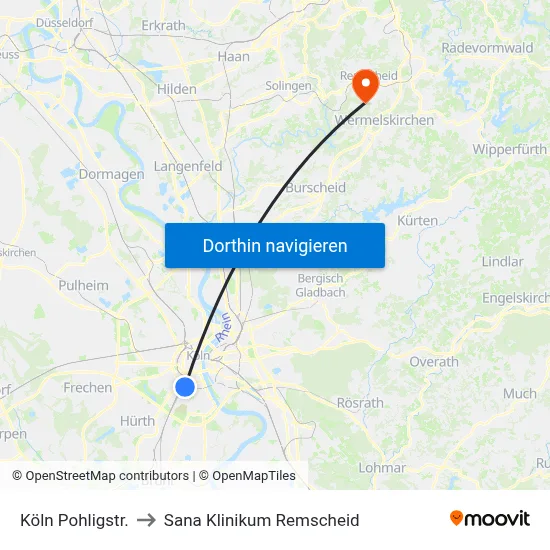 Köln Pohligstr. to Sana Klinikum Remscheid map