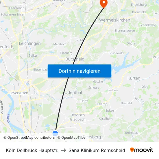Köln Dellbrück Hauptstr. to Sana Klinikum Remscheid map