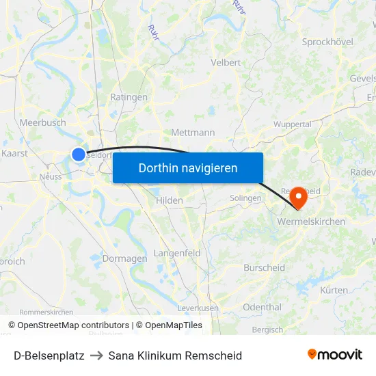 D-Belsenplatz to Sana Klinikum Remscheid map