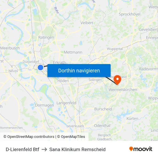 D-Lierenfeld Btf to Sana Klinikum Remscheid map