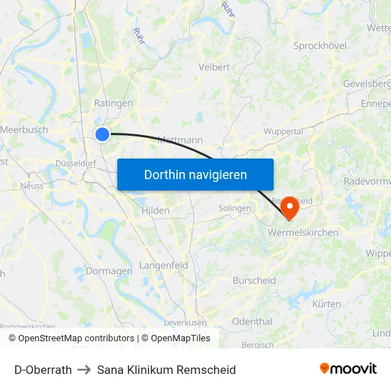 D-Oberrath to Sana Klinikum Remscheid map