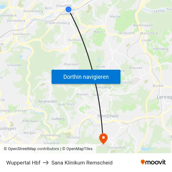 Wuppertal Hbf to Sana Klinikum Remscheid map