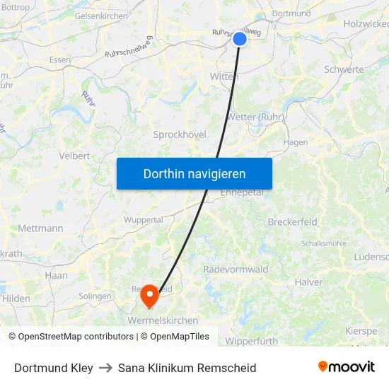 Dortmund Kley to Sana Klinikum Remscheid map