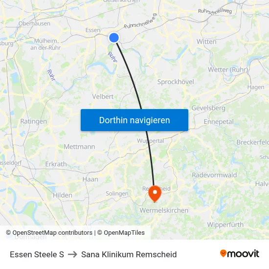 Essen Steele S to Sana Klinikum Remscheid map