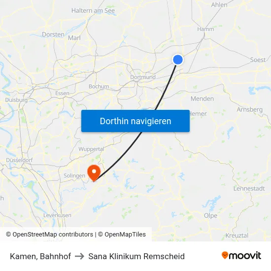 Kamen, Bahnhof to Sana Klinikum Remscheid map