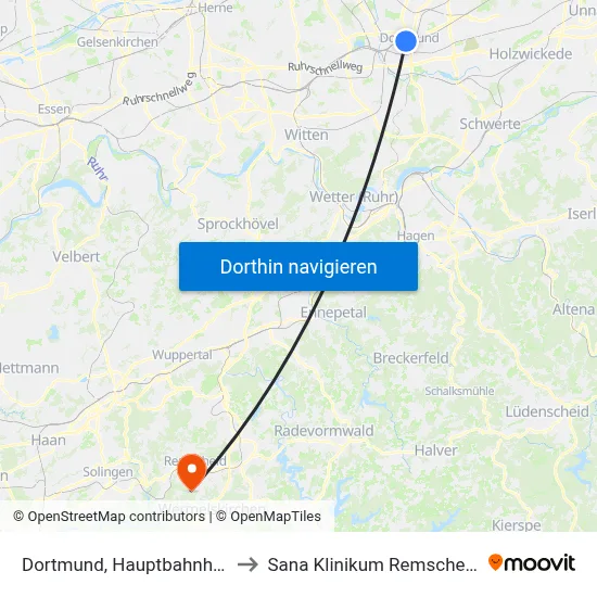 Dortmund, Hauptbahnhof to Sana Klinikum Remscheid map