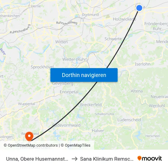 Unna, Obere Husemannstraße to Sana Klinikum Remscheid map