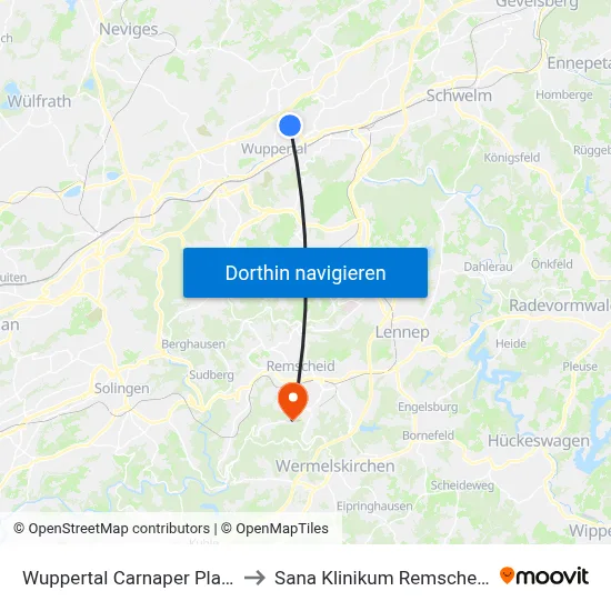 Wuppertal Carnaper Platz to Sana Klinikum Remscheid map
