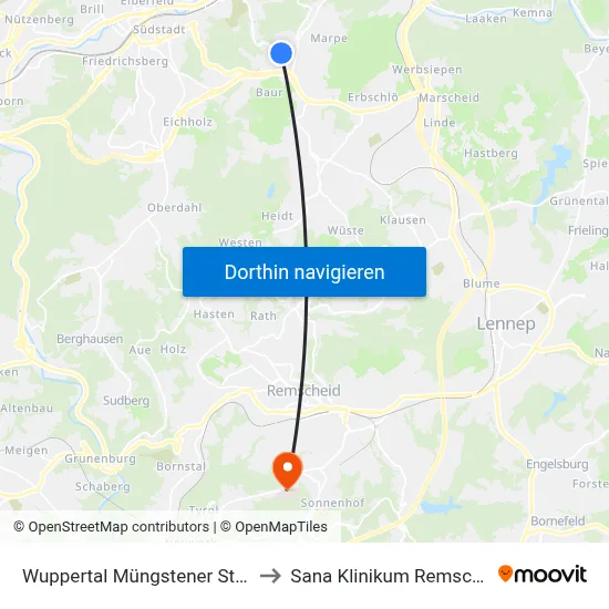 Wuppertal Müngstener Straße to Sana Klinikum Remscheid map