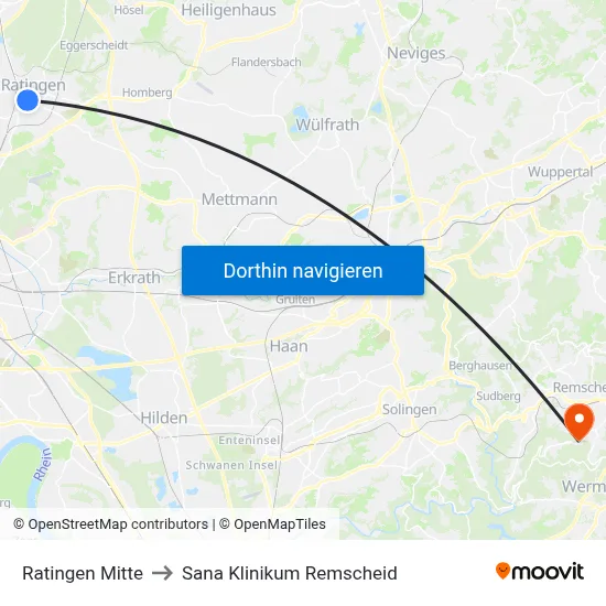 Ratingen Mitte to Sana Klinikum Remscheid map