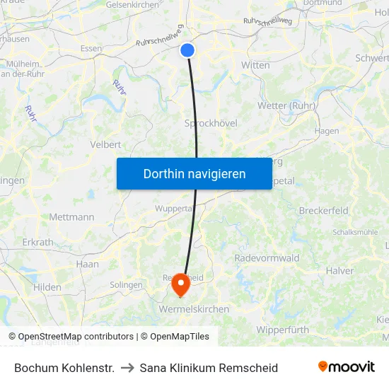 Bochum Kohlenstr. to Sana Klinikum Remscheid map
