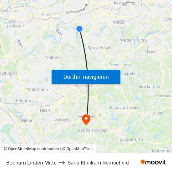 Bochum Linden Mitte to Sana Klinikum Remscheid map
