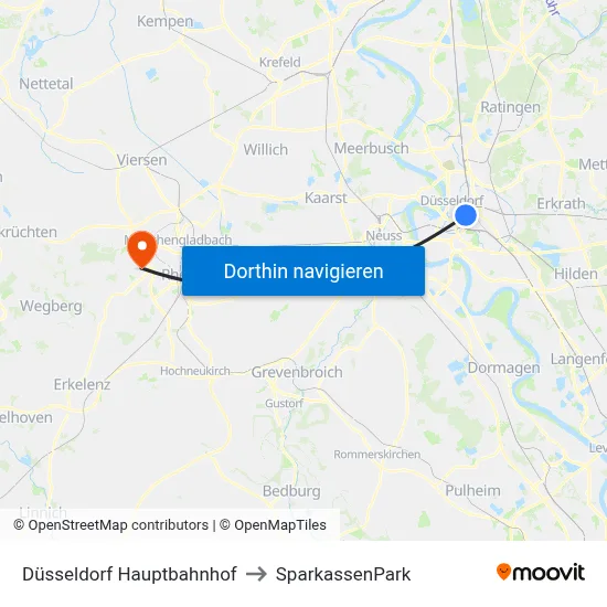 Düsseldorf Hauptbahnhof to SparkassenPark map