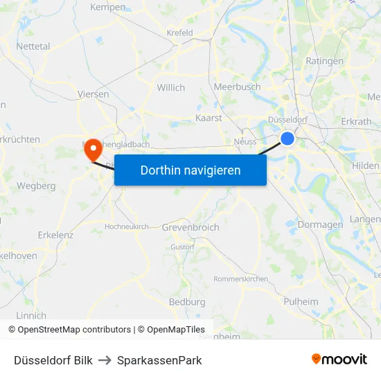 Düsseldorf Bilk to SparkassenPark map