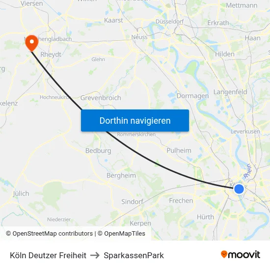 Köln Deutzer Freiheit to SparkassenPark map