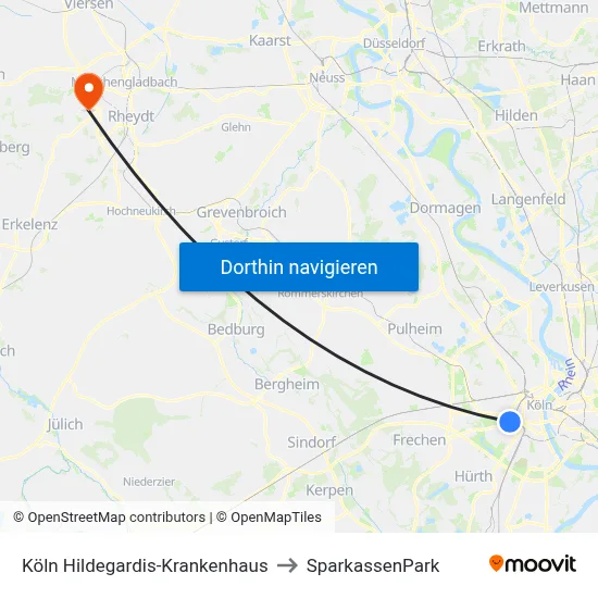 Köln Hildegardis-Krankenhaus to SparkassenPark map