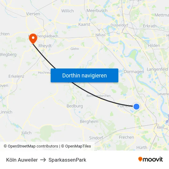 Köln Auweiler to SparkassenPark map