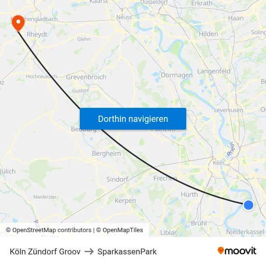 Köln Zündorf Groov to SparkassenPark map
