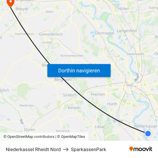 Niederkassel Rheidt Nord to SparkassenPark map