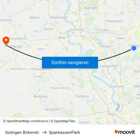 Solingen Birkerstr. to SparkassenPark map