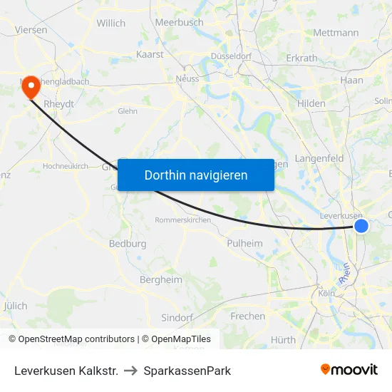 Leverkusen Kalkstr. to SparkassenPark map