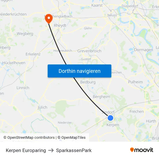 Kerpen Europaring to SparkassenPark map